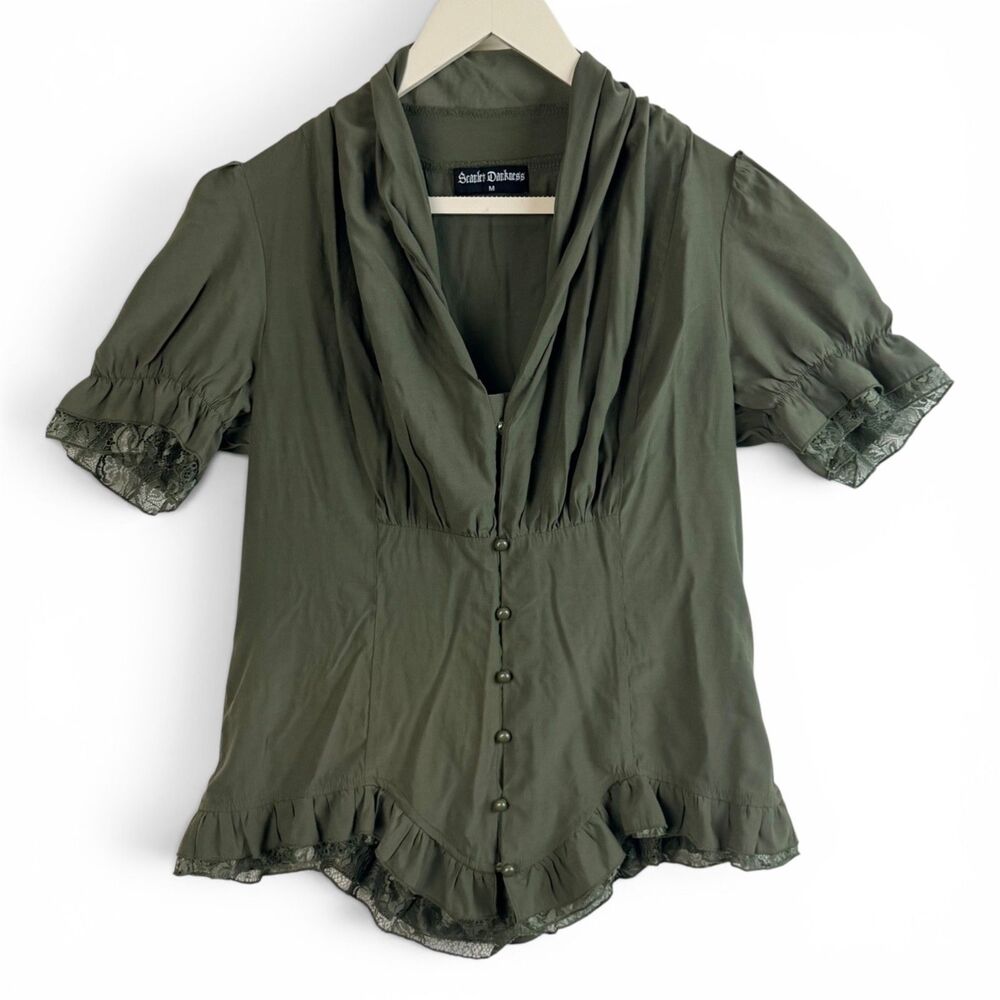 Scarlet Darkness Olive Laceup  Puff Sleeve Goth Romantic Top Womens Size Med